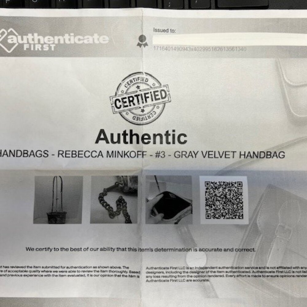 Rebecca Minkoff Gray Velvet Handbag W/ COA